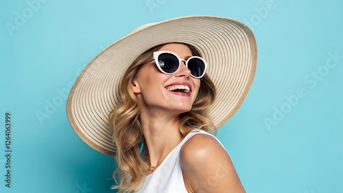 Beach time Close up portrait of girl holds a hat with one hand laughing and looking in the side isolated on blue background