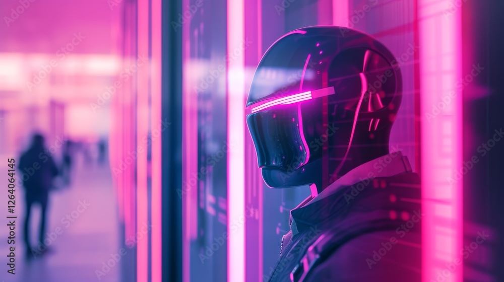 A sleek cybernetic humanoid with a glossy black helmet and glowing visor stands in a futuristic city bathed in neon pink light. The AI-generated image embodies a cyberpunk aesthetic. AI generated.