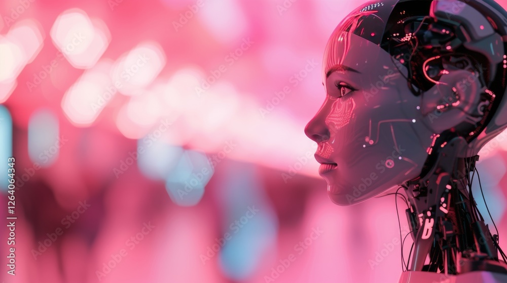 A highly detailed humanoid robot with glowing circuits and a sleek cybernetic design, set against a futuristic blurred background with neon lighting. AI generated.