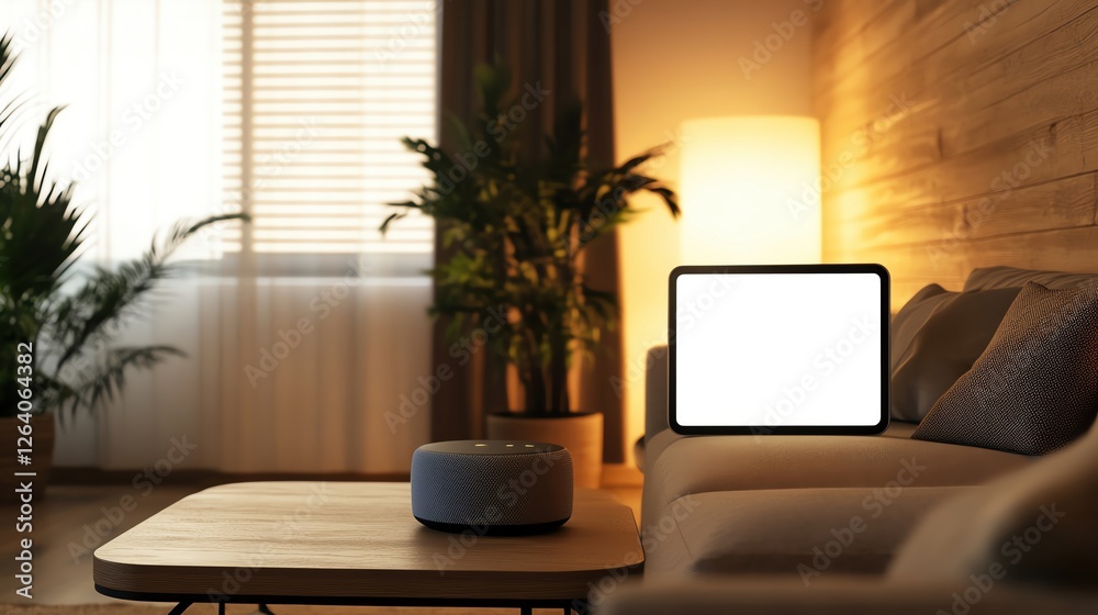 modern home automation concept, smart speaker and ambient lighting in a cozy living room, blank screen on a smart device to add text modern home automation concept, smart speaker and ambient lighting in a cozy living room, blank screen on a smart device to add text