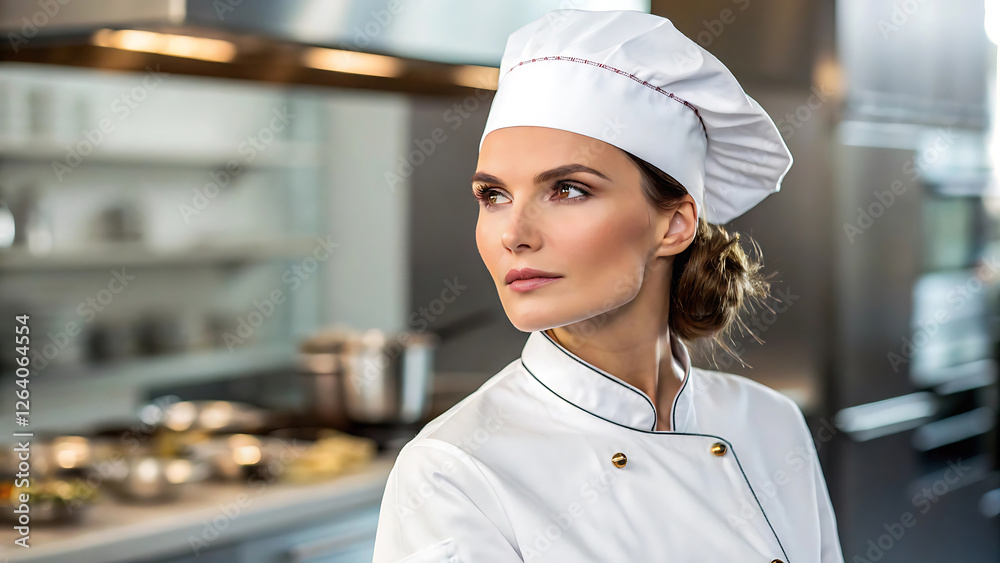 Portrait confident beautiful female chef in restaurant kitchen Portrait confident beautiful female chef in restaurant kitchen