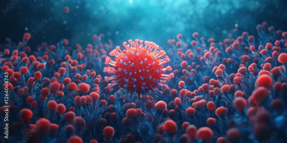 A mesmerizing 3D render depicting a coral-inspired virus, with clusters of vibrant red and blue flowers forming an intricate, spherical pattern reminiscent of microscopic intricacy A mesmerizing 3D render depicting a coral-inspired virus, with clusters of vibrant red and blue flowers forming an intricate, spherical pattern reminiscent of microscopic intricacy