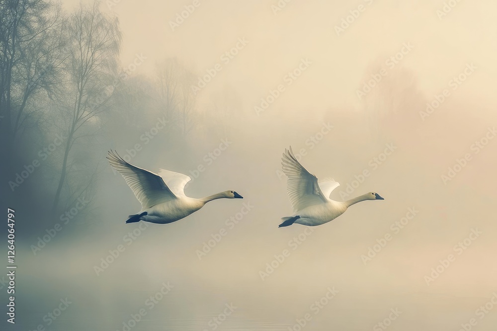 Obraz premium Two Swans Soaring Over Misty Winter Landscape