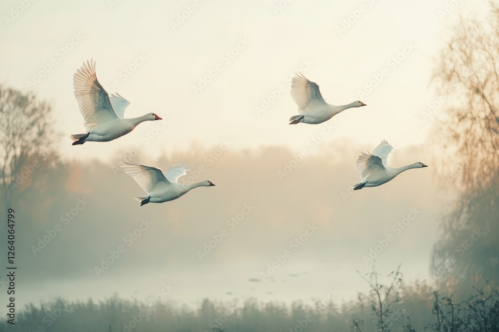 Fototapeta premium Three White Swans Soaring Gracefully Over Misty Landscape