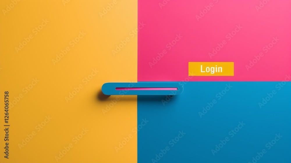 A uniquely designed login button set against a bold geometric background. The vibrant colors and minimalist style reflect modern digital interface aesthetics. AI generated.