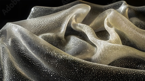 Closeup of a translucent flexible and organic 3D printed textile material with a dynamic sculptural pattern designed for innovative and avant garde fashion