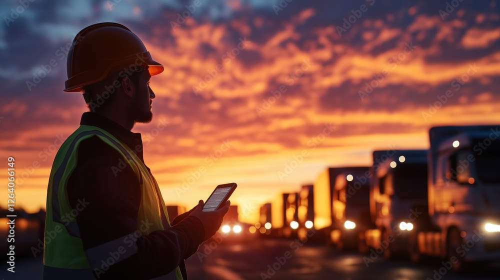 Fototapeta premium Sunset loveconnected industry worker using smartphone at trucking yard urban environment silhouette perspective