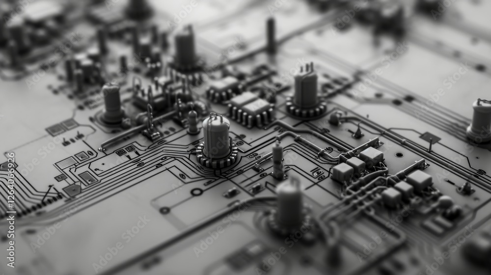 A macro view of a highly detailed futuristic circuit board with complex electronic components, resembling an advanced AI-powered processing unit. AI generated.