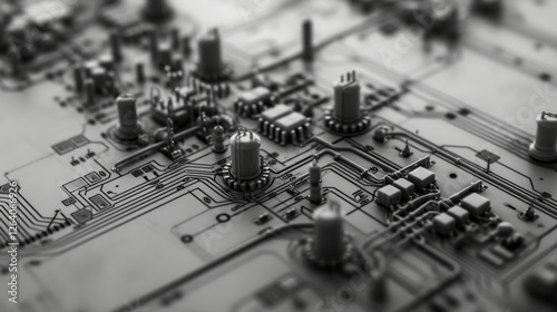 A macro view of a highly detailed futuristic circuit board with complex electronic components, resembling an advanced AI-powered processing unit. AI generated.