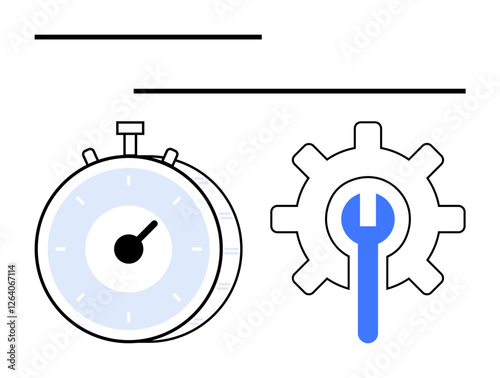 Stopwatch and gear with wrench symbolizing productivity, time optimization, work efficiency, and innovation. Ideal for project planning, workflow, engineering, technology, repair business
