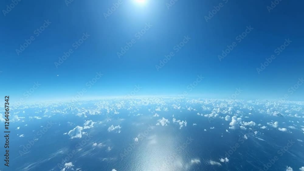 High angle view of a vast expanse of deep blue ocean dotted with fluffy white clouds against a vibrant blue sky, with bright sunlight visible