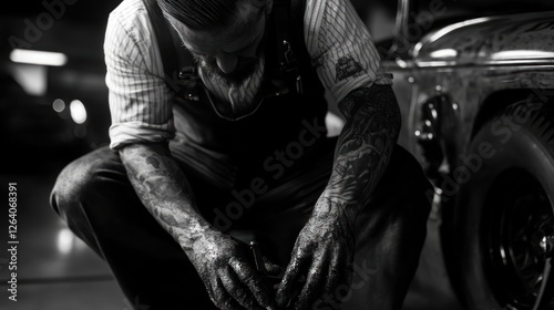 Wallpaper Mural Black and White Photography of a Tattooed Mechanic Working on a Classic Car Torontodigital.ca