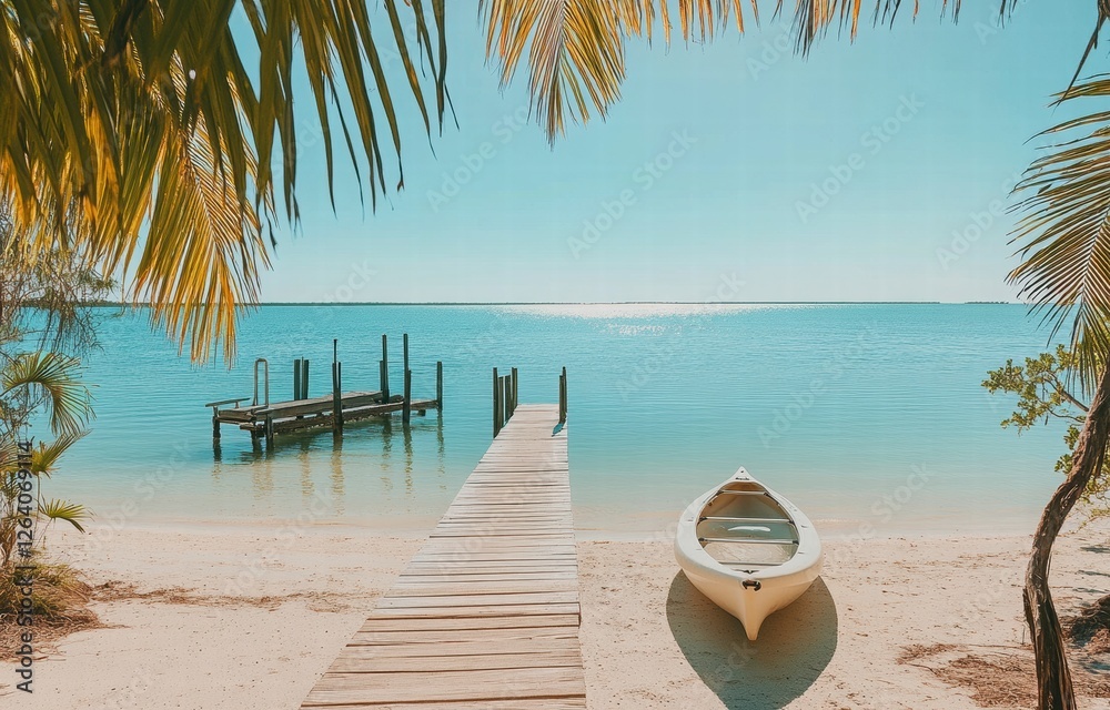 Tranquil Beach Escape: Wooden dock extends into a calm turquoise ocean, a small boat rests gently on the sandy shore, framed by lush tropical foliage.  The sun casts a warm inviting glow.