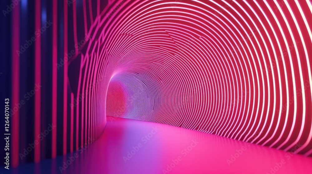 Obraz premium Vibrant illuminated tunnel with swirling patterns and reflections, showcasing modern design aesthetics
