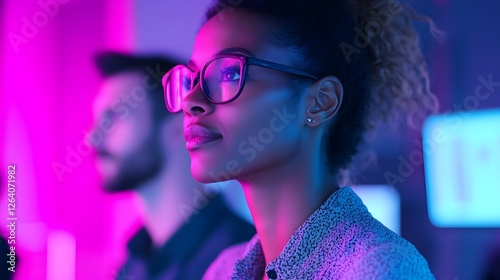 A team of savvy business professionals presenting a detailed demographic analysis and data driven insights with glowing pie charts bar graphs and audience personas on stylish office screens