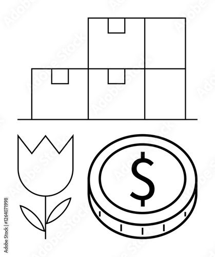 Stacked boxes symbolize inventory, tulip represents growth or historical trade, and coin indicates monetary value. Ideal for finance, trade, economy, logistics, investment, e-commerce abstract line