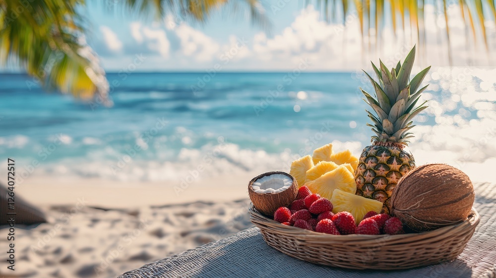 Serene Tropical Beach Scene with Refreshing Platter of Fruits Under Palm Trees and Waves in Background Serene Tropical Beach Scene with Refreshing Platter of Fruits Under Palm Trees and Waves in Background