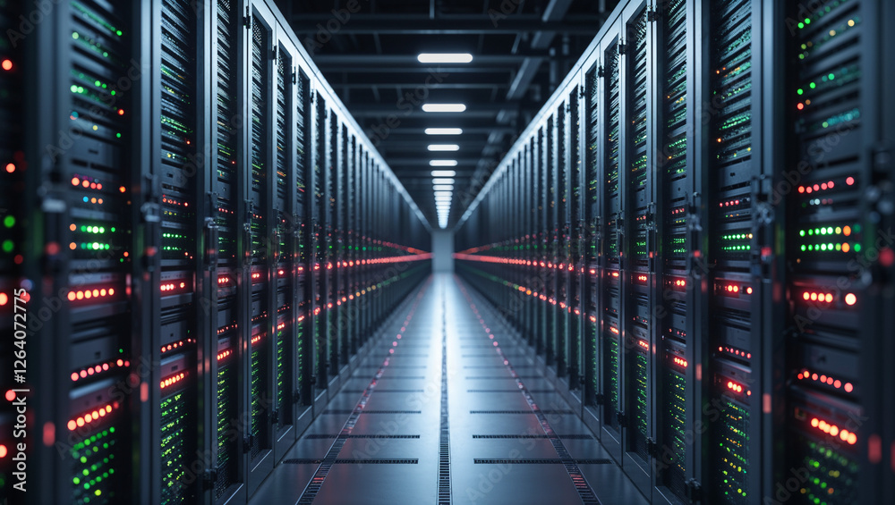 Modern Data Center With Rows of Server Racks futuristic data center featuring long rows of high-performance server racks illuminated by blinking red and green LED light Modern Data Center With Rows of Server Racks futuristic data center featuring long rows of high-performance server racks illuminated by blinking red and green LED light