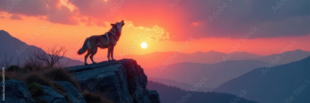 Lone wolf standing on rocky hilltop howling at dawn, mountain, animal Lone wolf standing on rocky hilltop howling at dawn, mountain, animal
