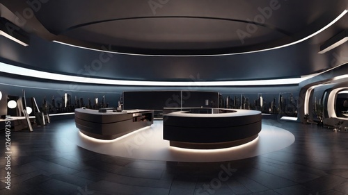 360-degree full-panorama environment map of a dark minimalistic studio scene with brilliant lights and reflections, 3D render illustration, hdri, hdr, virtual reality. 3D Illustration. 