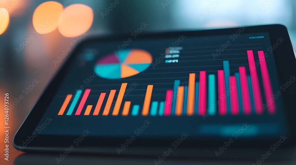 Close up view of a digital tablet or mobile device showcasing a sophisticated data analytics dashboard with glowing pie charts trendlines Close up view of a digital tablet or mobile device showcasing a sophisticated data analytics dashboard with glowing pie charts trendlines
