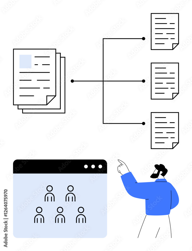 Stacked documents linked to split sub-documents, team interface, and pointing figure. Ideal for workflows, data management, teamwork, project planning, content organization, file sharing abstract