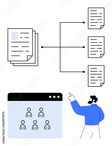 Stacked documents linked to split sub-documents, team interface, and pointing figure. Ideal for workflows, data management, teamwork, project planning, content organization, file sharing abstract
