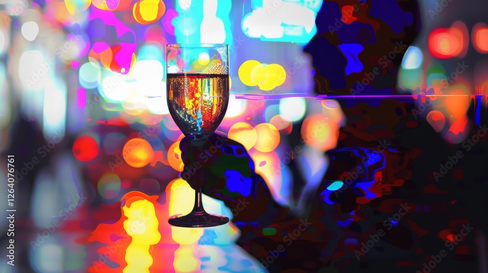 A visually striking digital painting of a man holding a wine glass, illuminated by dazzling neon city lights. The abstract and futuristic art style enhances the nightlife mood. AI generated.