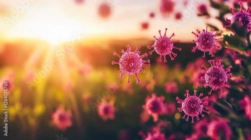Vibrant pink virus-like structures floating in a sunlit field during sunset, creating a surreal atmosphere