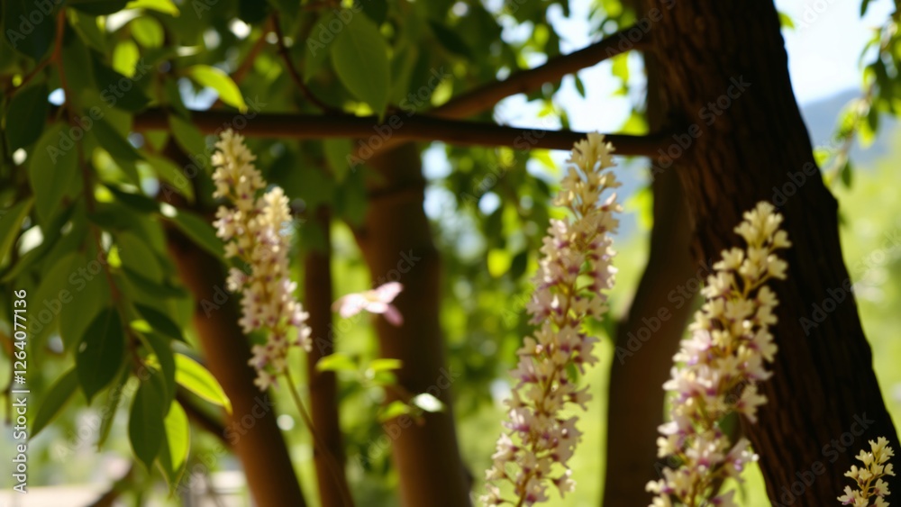 Delicate Pale Pink Flowers Blooming on a Tree Branch in Sunlight Delicate Pale Pink Flowers Blooming on a Tree Branch in Sunlight
