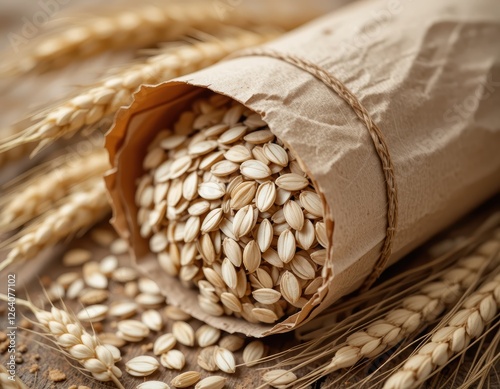 Brown Paper Package of Unhulled Rice Grains with Wheat Stalks photo