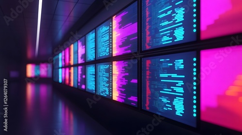 Energetic digital workspace with vibrant data visualization displays glowing population pyramids and audience heatmaps on sleek modern interfaces photo