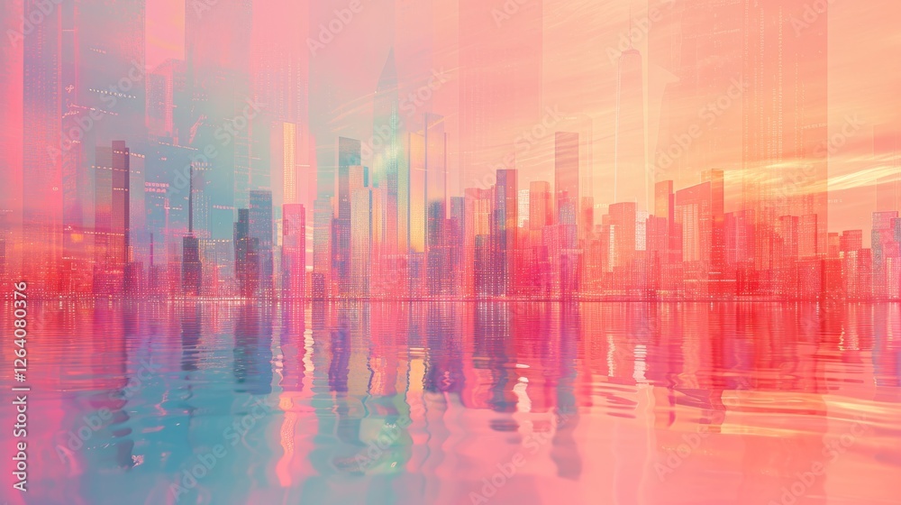 A surreal digital depiction of a futuristic city skyline reflected on water, with dreamy neon hues blending pink, blue, and orange tones, creating a futuristic and ethereal atmosphere. AI generated.