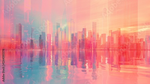 Obraz na płótnie A surreal digital depiction of a futuristic city skyline reflected on water, with dreamy neon hues blending pink, blue, and orange tones, creating a futuristic and ethereal atmosphere. AI generated. w salonie