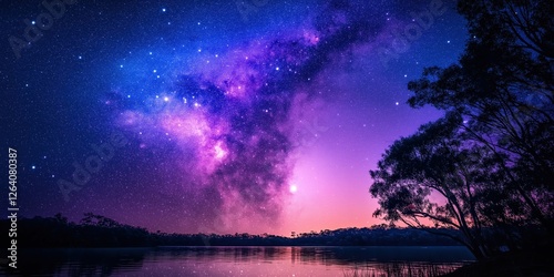 A mesmerizing night sky unfolds in vivid purples and pinks, dotted with iridescent stars shimmering in blues, purples, and pinks photo