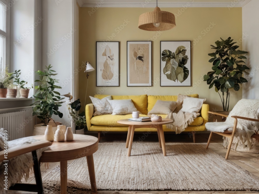 Fototapeta premium Yellow Sofa Living Room Decor With Plants And Artwork