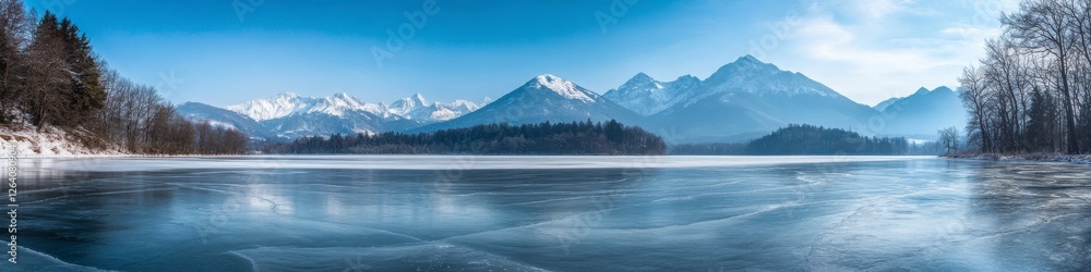 Fototapeta premium Serene Winter Landscape: A captivating panoramic vista of a tranquil alpine lake, its icy surface reflecting the snow-capped peaks and the azure sky. The air is crisp and still.