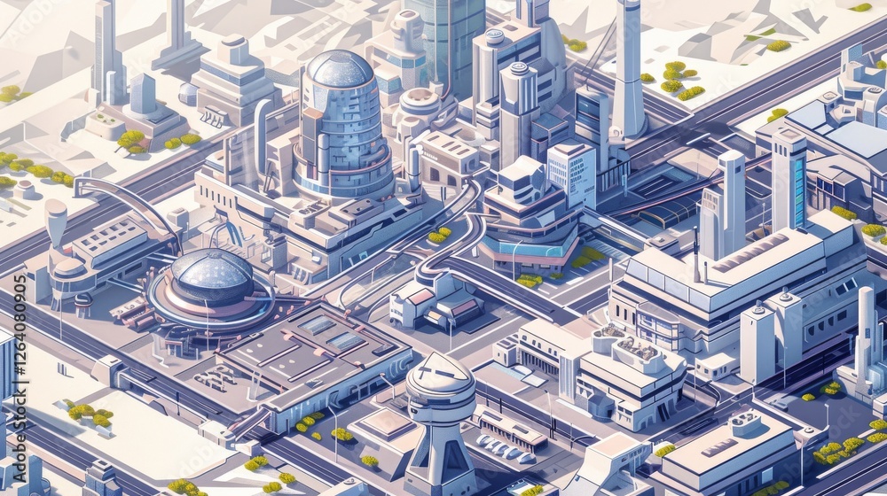 Detailed isometric illustration of a futuristic city with high-tech architecture, modern infrastructure, and advanced urban planning. AI generated.