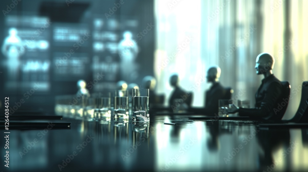 A futuristic corporate setting with robotic humanoid figures seated at a sleek conference table, surrounded by digital screens and modern technology. AI generated.