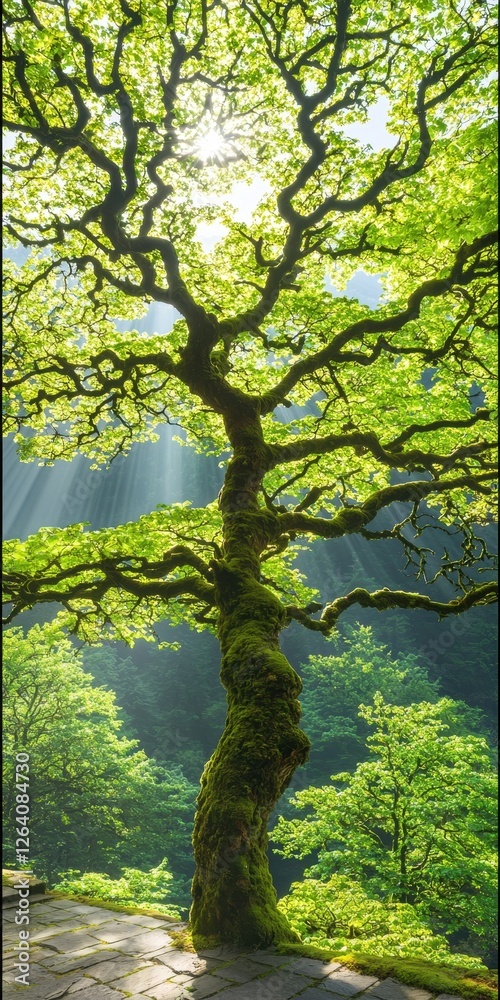 Fototapeta premium A majestic tree with sprawling branches and vibrant green leaves, illuminated by sunlight filtering through a lush forest.