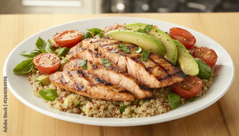 Grilled fish on grain with avocado and tomatoes. Healthy meal with herbs on a white plate. Studio lighting Grilled fish on grain with avocado and tomatoes. Healthy meal with herbs on a white plate. Studio lighting