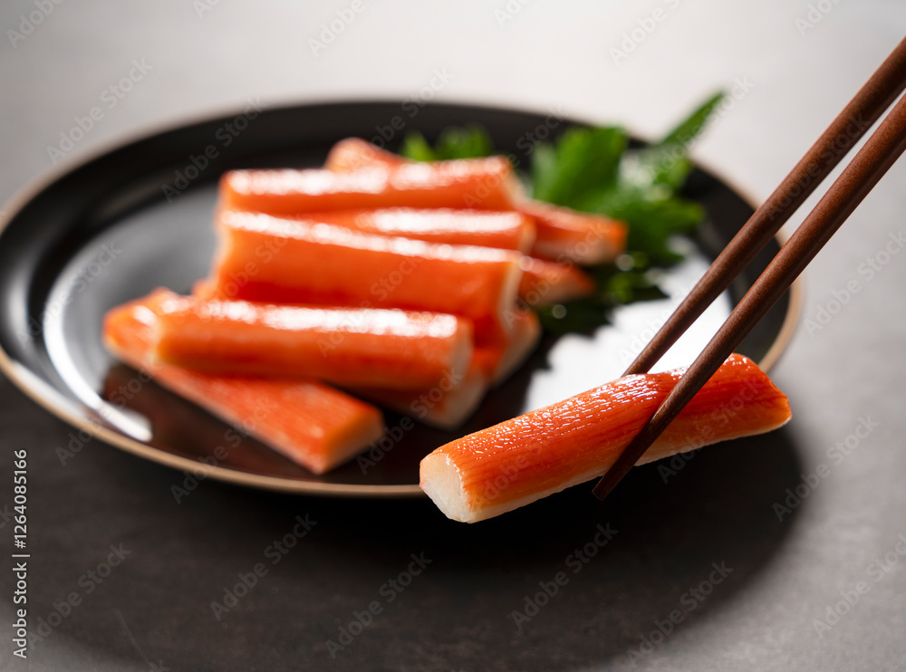 Picking Up Imitation Crab Sticks with Chopsticks on a Black Background Picking Up Imitation Crab Sticks with Chopsticks on a Black Background
