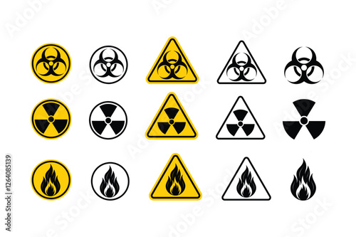 Set of hazard warning signs including biohazard radiation and fire symbols in yellow and black isolated on white background