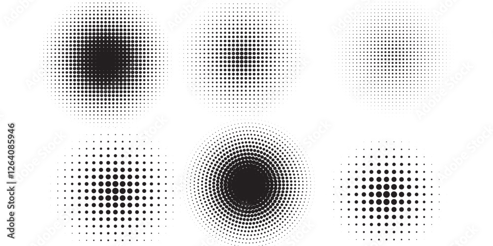 Halftone gradient. Dotted gradient, smooth dots spraying and halftones dot background seamless horizontal geometric pattern vector template set modern circle background
