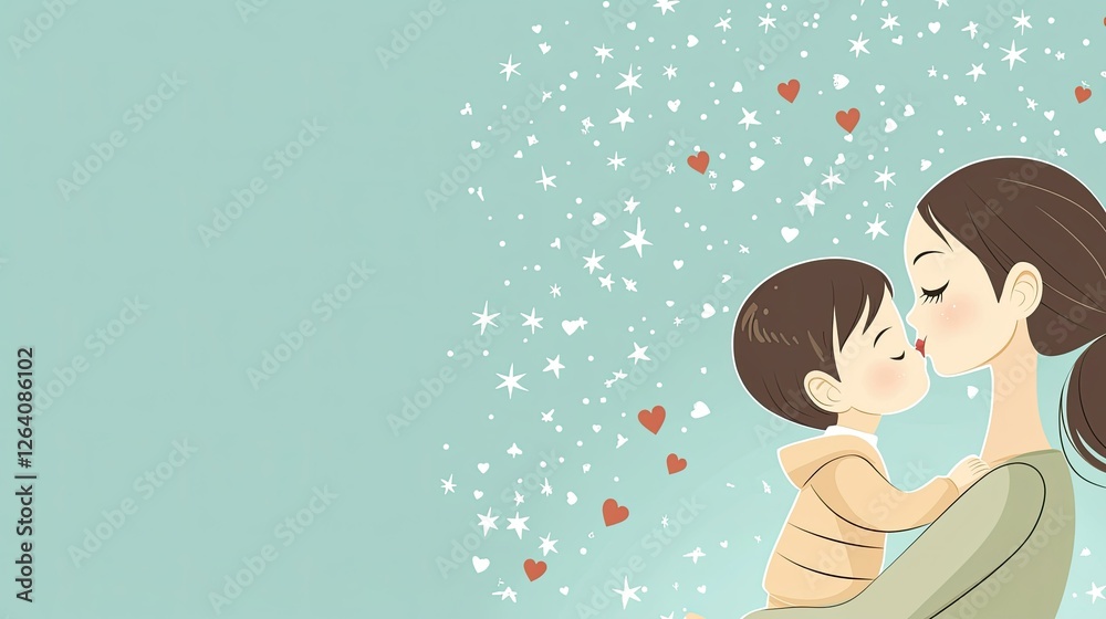 A cartoon of a mother kissing her child on the forehead, with stars and hearts surrounding them. Copy space. A cartoon of a mother kissing her child on the forehead, with stars and hearts surrounding them. Copy space.