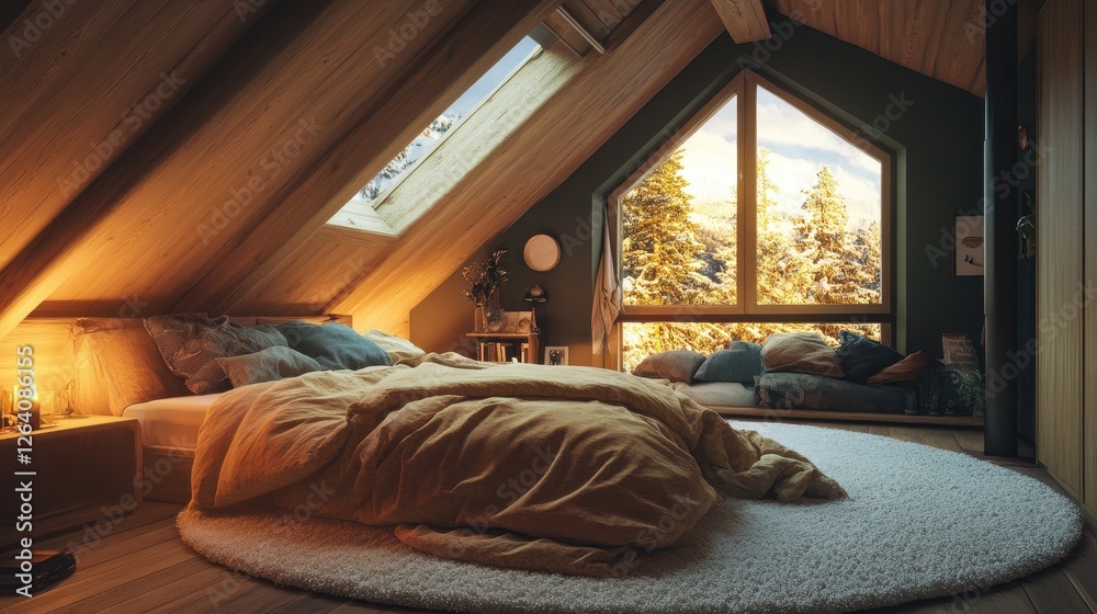 Fototapeta premium Cozy attic bedroom featuring large window view of snowy forest