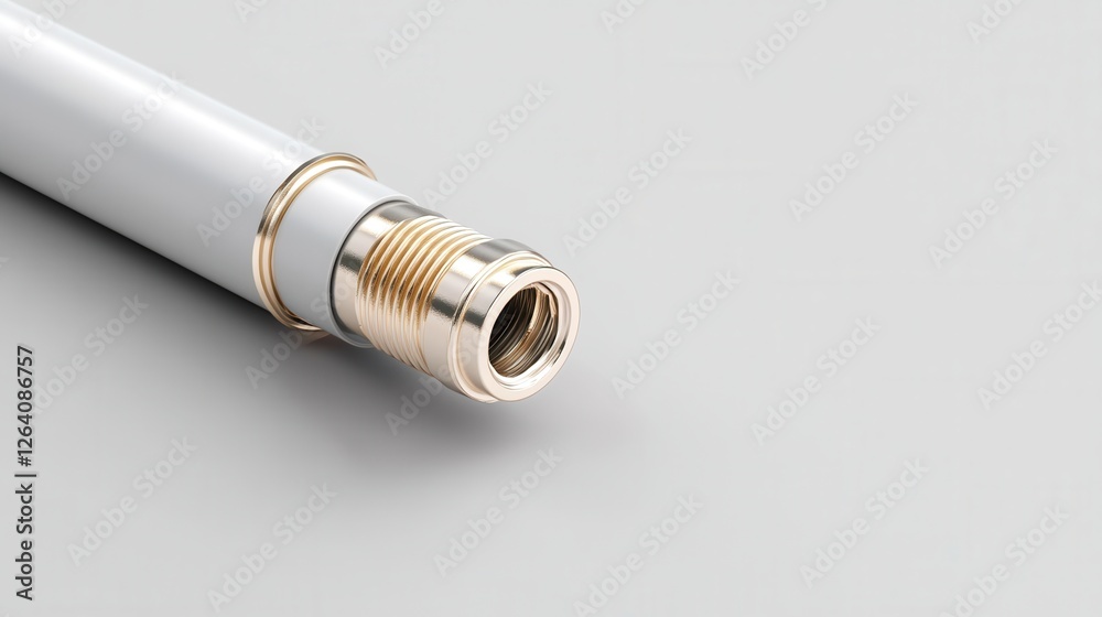 Close-Up View of a White Metal Pipe Connector with Gold Threads and Smooth Finish on a Light Background Close-Up View of a White Metal Pipe Connector with Gold Threads and Smooth Finish on a Light Background