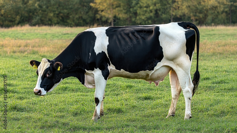 Holstein cow grazing pasture sunset farmland agriculture Holstein cow grazing pasture sunset farmland agriculture