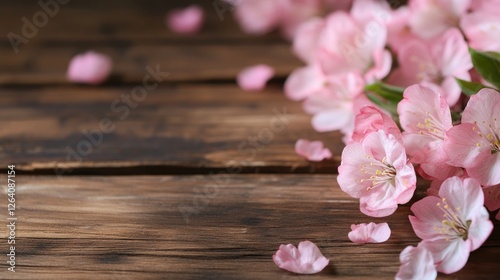 Beautiful pink cherry blossoms scattered on a rustic wooden background.