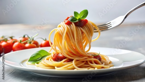 Long strands of spaghetti twirl around a fork on a white plate , homestyle cooking, tomato sauce
